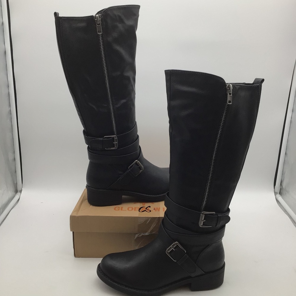 Global Win Womens Black Knee High Riding Boots Buckle Zip‎ Size 7.5 NEW